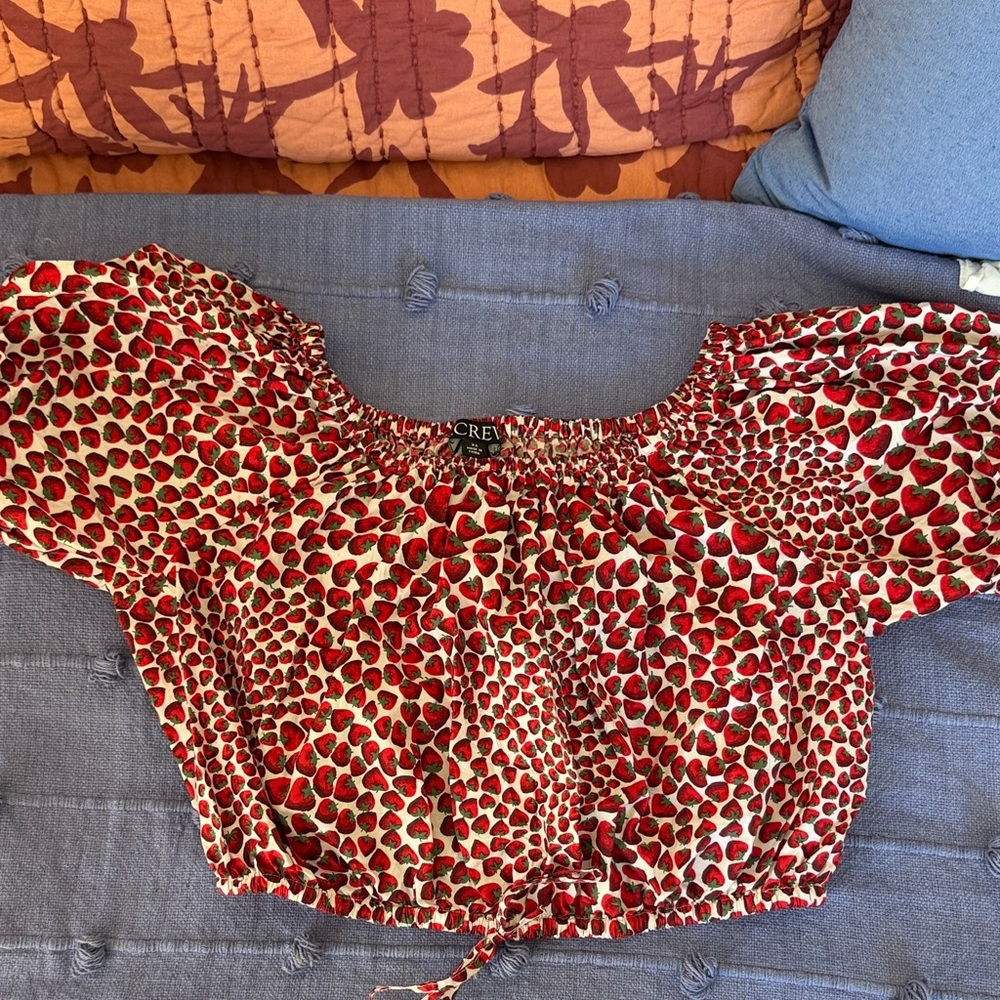 J. Crew Cream Crop Top with Red Strawberry Print